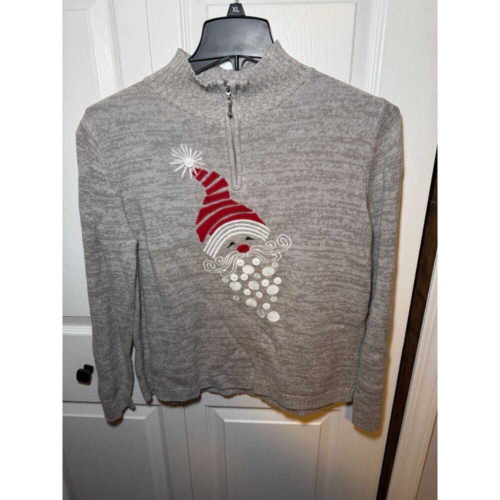 NorthStyle Women's Santa Quarter Zip Knit Sweater Gray Christmas XL
